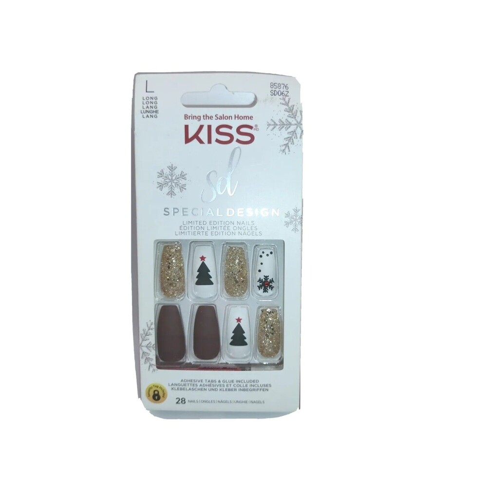 Kiss Christmas Holiday Nails Tree Gold Glitter Long Nails 28 Nails Glue & Adhes